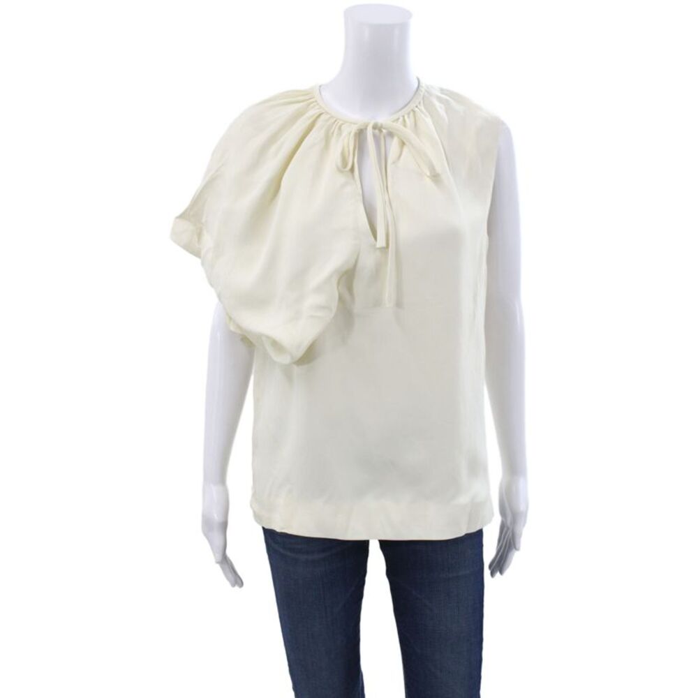 Balenciaga Paris Womens Beige Mock Neck Short Sleeve Silk Blend Blouse Size 40